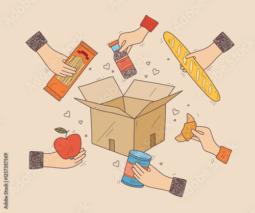 Food drive concept with hands offering food items around a box, symbolizing community support. Doodle style