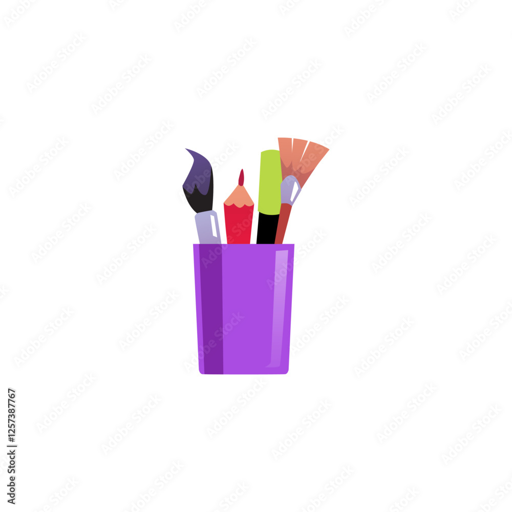 Stationery purple case with paint brushes, red pencil and felt-tip pen, vector painting tools, kids art, school supplies
