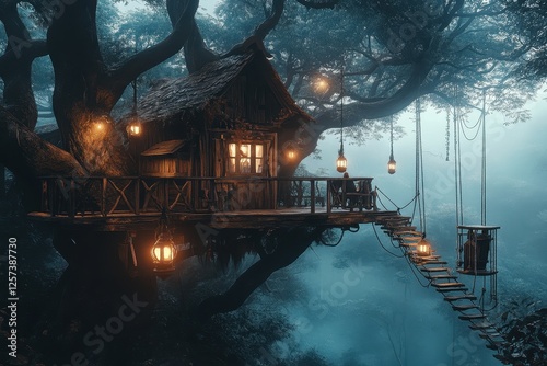 Magical treehouse retreat amidst foggy forest with glowing lanterns