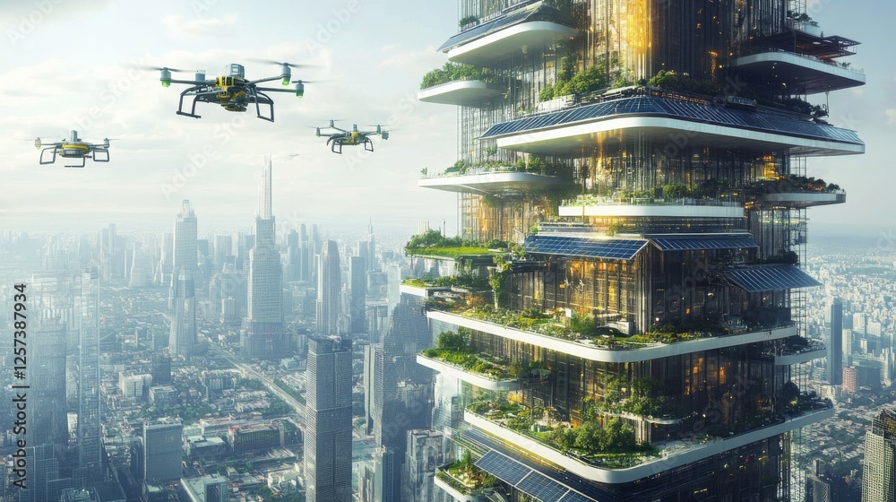 Obraz premium A futuristic skyscraper covered in solar panels, with flying drones delivering supplies to different levels.