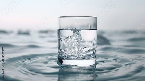 Glass of water on water surface with splashing. Possible use Stock photo for water, drink, nature