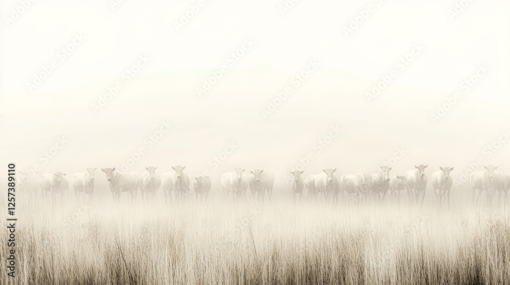 Fototapeta premium Sheep herd in foggy field, sunrise, calm landscape, nature photography, website banner