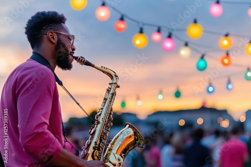 Man playing saxophone on stage during live music performance in a vibrant atmosphere photo