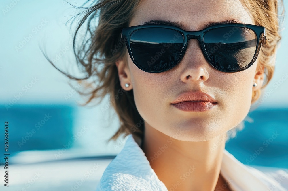 Young Woman In Sunglasses By The Ocean Breeze Young Woman In Sunglasses By The Ocean Breeze