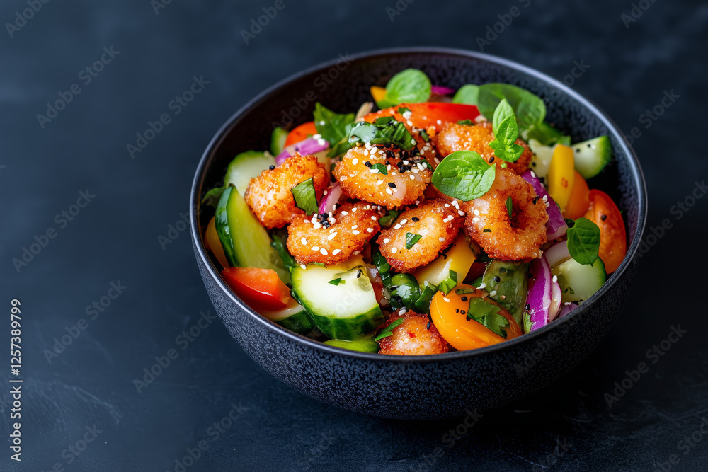 Colorful Shrimp Salad In Black Bowl On Dark Background Colorful Shrimp Salad In Black Bowl On Dark Background