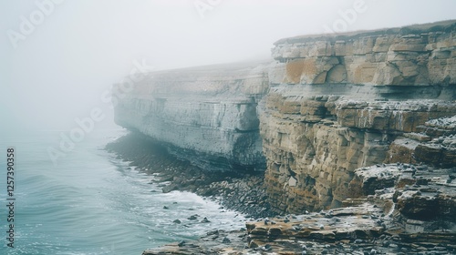 Misty coastal cliffs meet the ocean