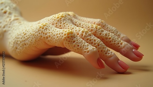Close-up of a hand with a textured, porous surface.