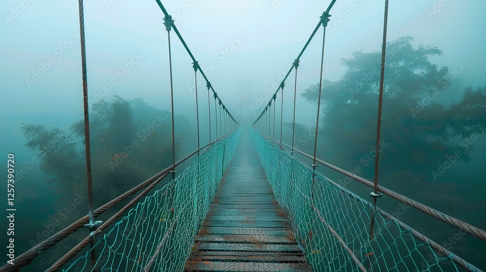 Obraz premium Misty suspension bridge through fog in jungle