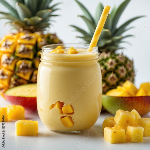 Vibrant mango smoothie in jar with pineapple and chunks in tropical setting photo