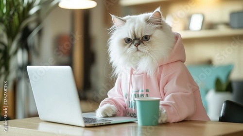 Fluffy Persian Cat in Pink Hoodie Working on Laptop