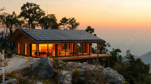 Mountaintop cabin at sunset, solar panels, illuminated interior, peaceful, inspiring