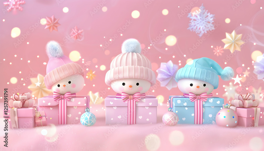 Fototapeta premium 3D Illustration Cute Snowmen, Gifts, and Ornaments on Pink Snowy Background