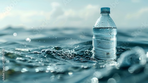 Plastic water bottle floating in ocean waves, environmental pollution, affecting marine life, possible use for awareness campaign