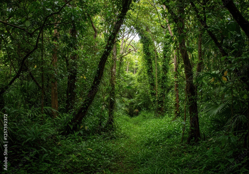 Naklejka premium Lush green tropical jungle pathway with dense foliage and tall trees
