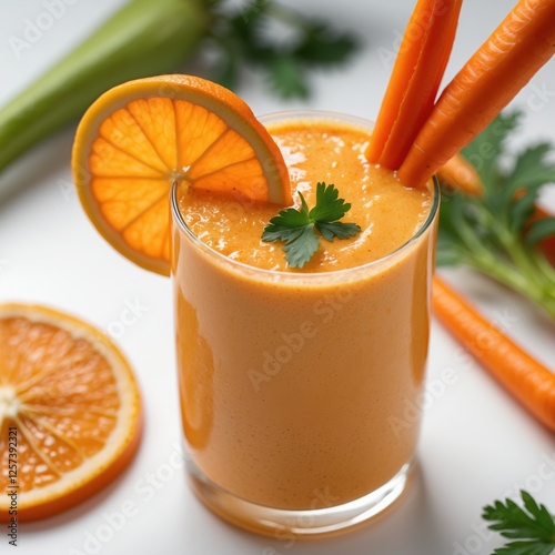Vibrant orange smoothie with carrot and orange garnishes on a white background.