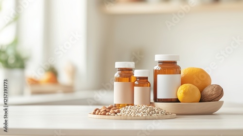 Close-up arrangement of multivitamin bottles alongside fresh lemons and nuts, set on a kitchen table, showcasing a vibrant and health-oriented lifestyle aesthetic. Food supplement concept.