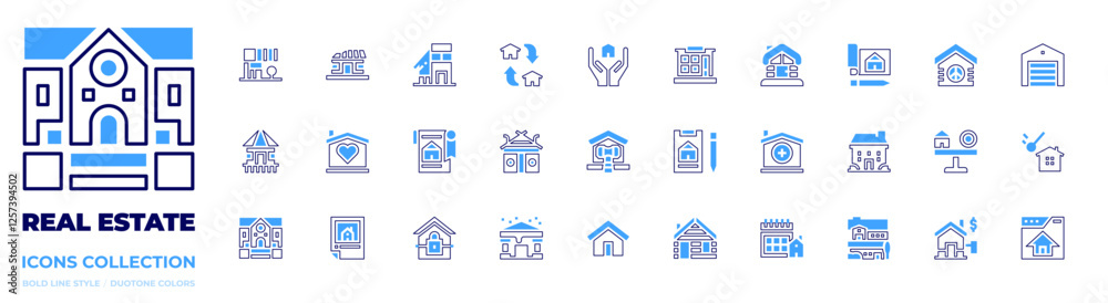 Real estate icon collection. Bold line style. Duotone colors. house, building, cottage, cabin, shelter, home, dwelling, property, calendar Real estate icon collection. Bold line style. Duotone colors. house, building, cottage, cabin, shelter, home, dwelling, property, calendar