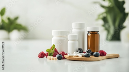 Close-up of different probiotic and vitamin supplement bottles on a wooden board surrounded by fresh berries and greenery in a soft natural light modern home kitchen. Food supplement concepts.