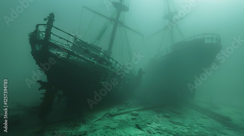 Underwater shipwreck, ghostly, submerged pirate ship, historical, marine exploration