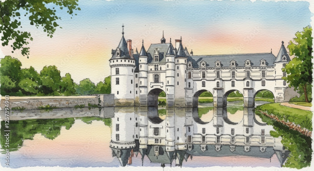 Obraz premium Charming renaissance castle with reflections on a serene river at sunset