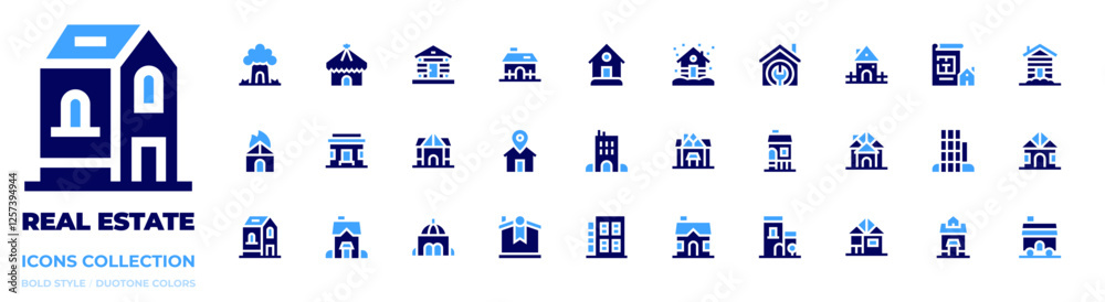 Real estate icon collection. Bold style. Duotone colors. tree house, fire, cabin, cottage, house, home, property