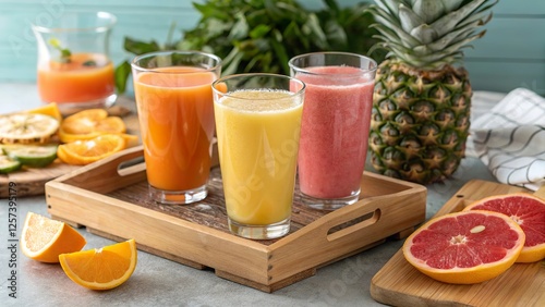 Vibrant display of freshly squeezed orange, grapefruit, and tropical juices on a wooden tray with fruits in a bright kitchen setting