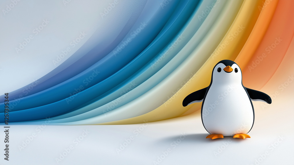 Obraz premium Playful Penguin Sliding Down a Giant Rainbow