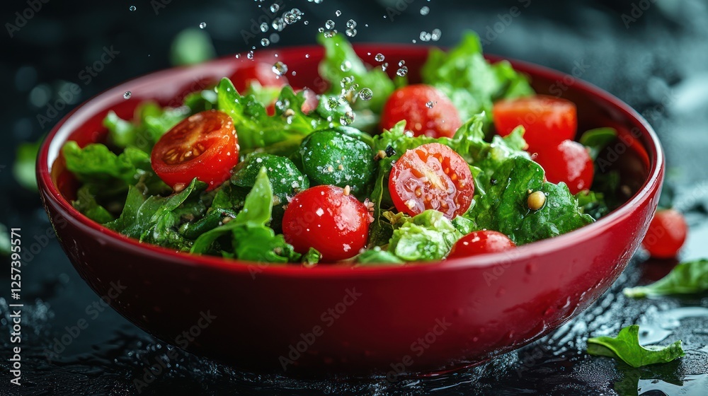 Fresh salad with cherry tomatoes being splashed with water in a dark setting, highlighting freshness Fresh salad with cherry tomatoes being splashed with water in a dark setting, highlighting freshness