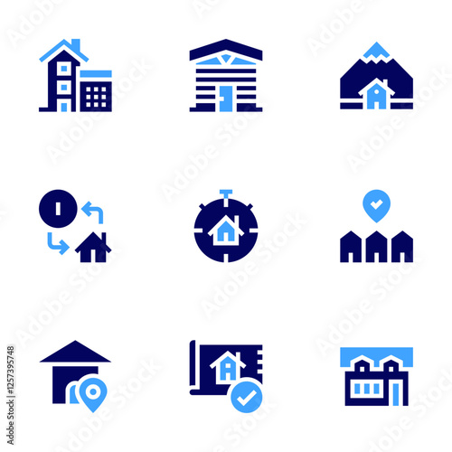 Real estate icon set. Bold style. Duotone colors. calculations, izbushka, exchange, deadline, house, location, blueprint photo