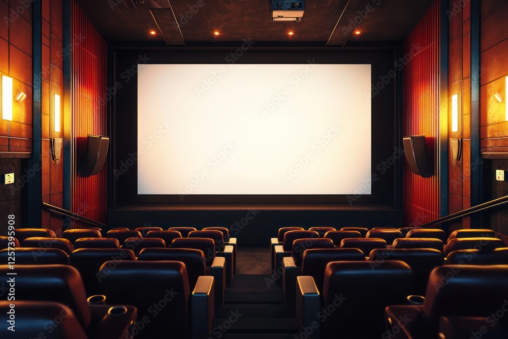 Fototapeta premium Ambient soft lighting and metallic wall details enhance the refined look of a modern cinema with neatly aligned premium leather seats and a blank white screen.