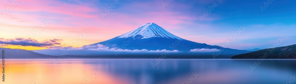 Mountain landscape with clear lake in front surrounded by greenery and blue sky Mountain landscape with clear lake in front surrounded by greenery and blue sky