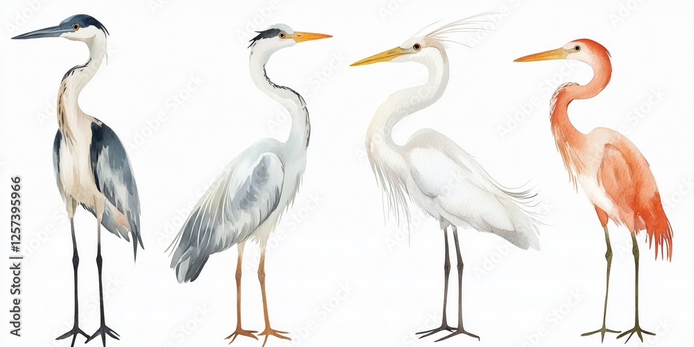 Obraz premium Set of four cute watercolor herons isolated on white background.