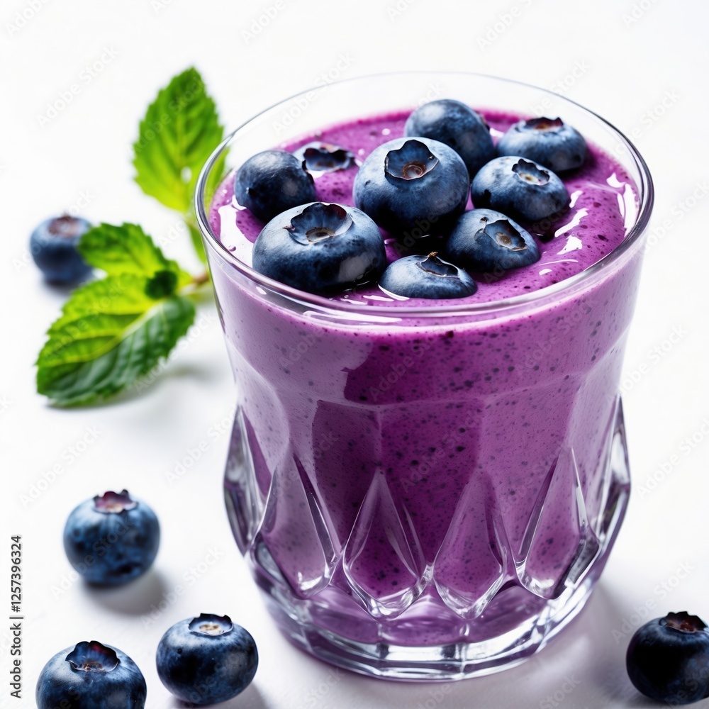 Vibrant blueberry smoothie topped with fresh fruits and mint. Vibrant blueberry smoothie topped with fresh fruits and mint.