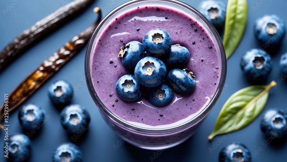 Vibrant blueberry smoothie with fresh toppings and vanilla pods Vibrant blueberry smoothie with fresh toppings and vanilla pods
