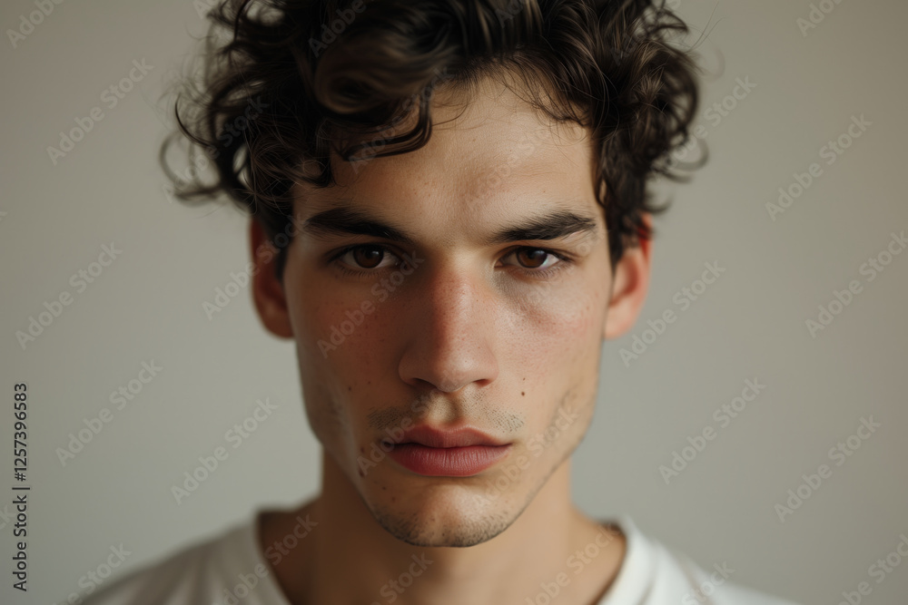 Close up portrait young man with curly brown hair and intense gaze against a neutral background Close up portrait young man with curly brown hair and intense gaze against a neutral background