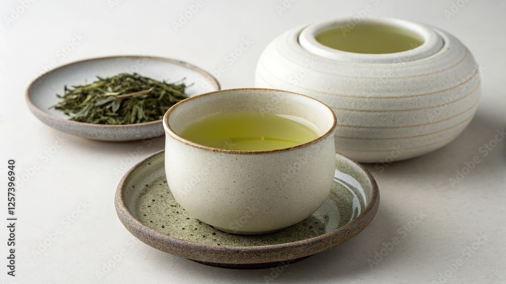 Green tea served in a traditional Japanese teapot alongside freshly brewed tea and aromatic green tea leaves in an elegant setting Green tea served in a traditional Japanese teapot alongside freshly brewed tea and aromatic green tea leaves in an elegant setting