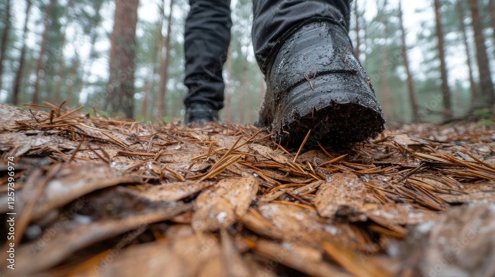 Hiking boots on forest trail, pine needles, winter Hiking boots on forest trail, pine needles, winter