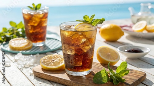 Refreshing iced black tea with lemon and mint served by the coast on a sunny day