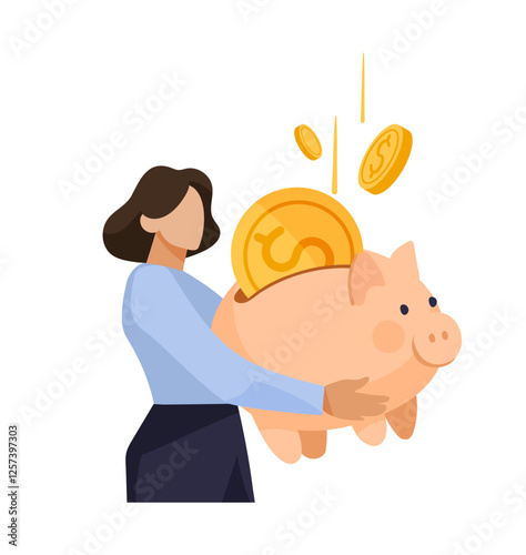 Woman putting money into piggy bank, concept of family budget, investment, financial literacy, saving or income. Flat vector cartoon illustration.