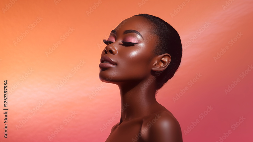 Radiant Black woman with deep melanin skin and soft pink gradient background Radiant Black woman with deep melanin skin and soft pink gradient background