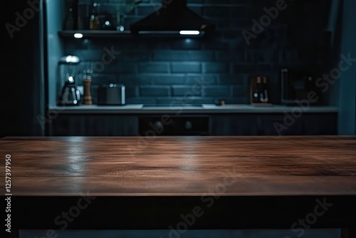 Dark kitchen, wooden table, countertop display, night