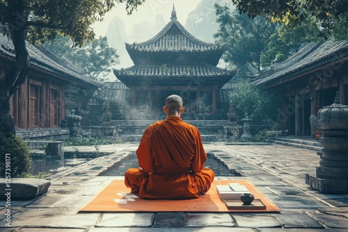 Monk meditating temple courtyard, mountains background, serenity