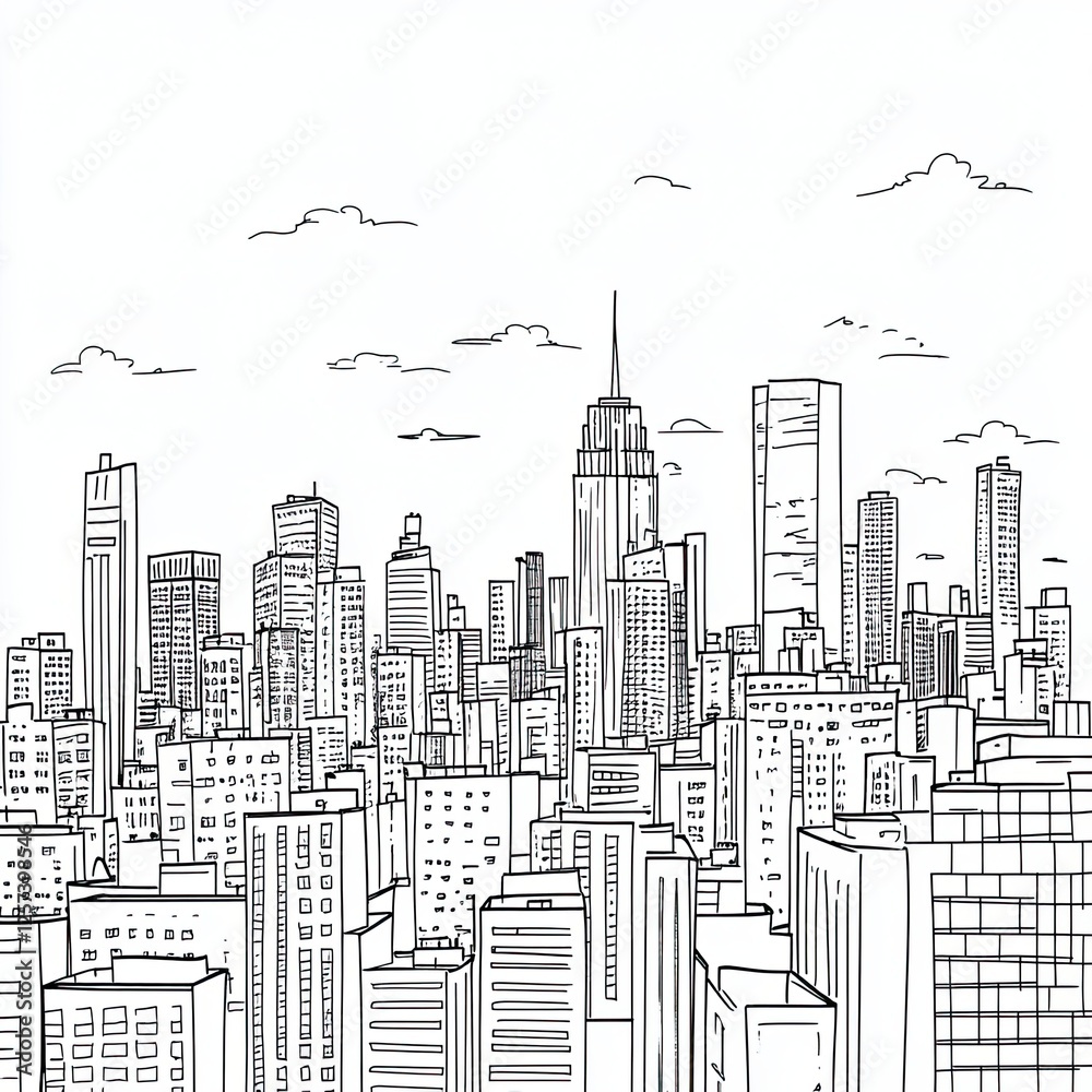 Obraz premium Simple Coloring City Skyline Urban Landscape Illustration and Kids