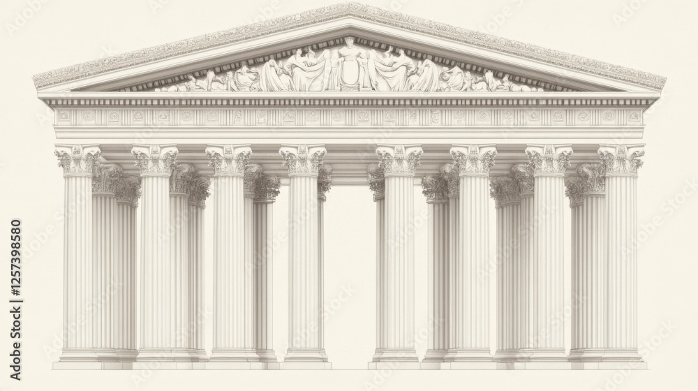 Obraz premium Classical temple facade, columns, sculptures, architectural detail, background neutral, design element