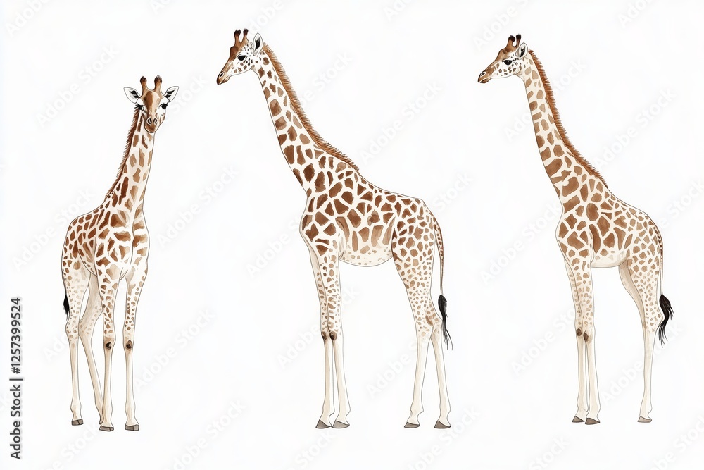 Fototapeta premium Set of three full body illustration of a tall giraffes standing on a white background.