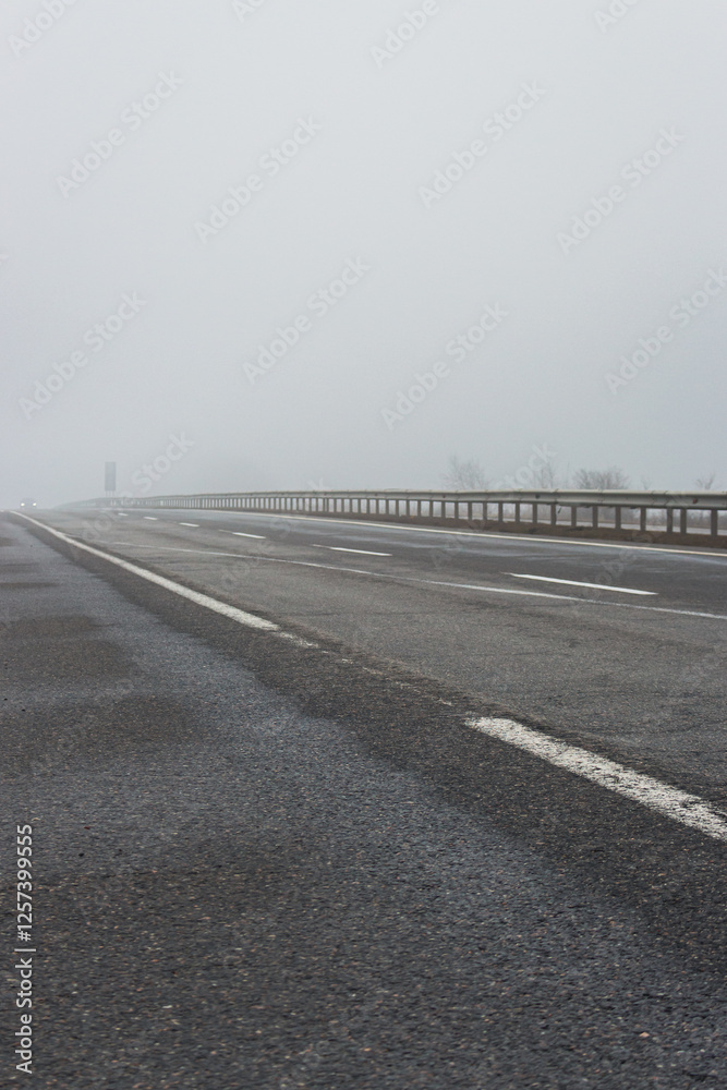 Fototapeta premium Empty highway in the fog. Bad weather on the road. Road on foggy day in perspective with copy space. Driving conditions concept. Ghostly misty road. Caution and danger on the road. Moody weather