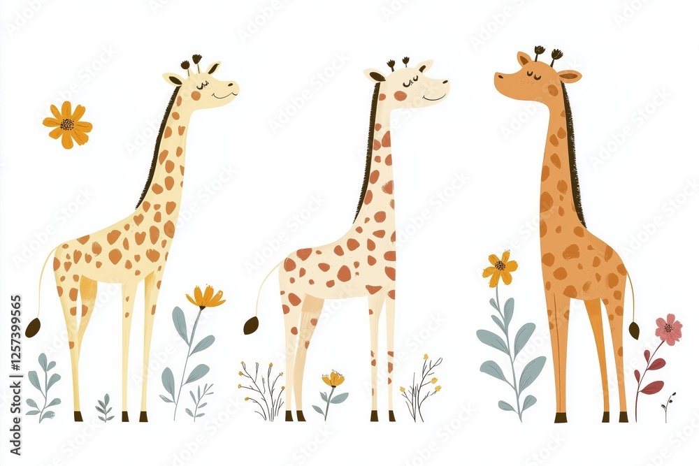 Fototapeta premium Set of three full body illustration of a tall giraffes standing on a white background.