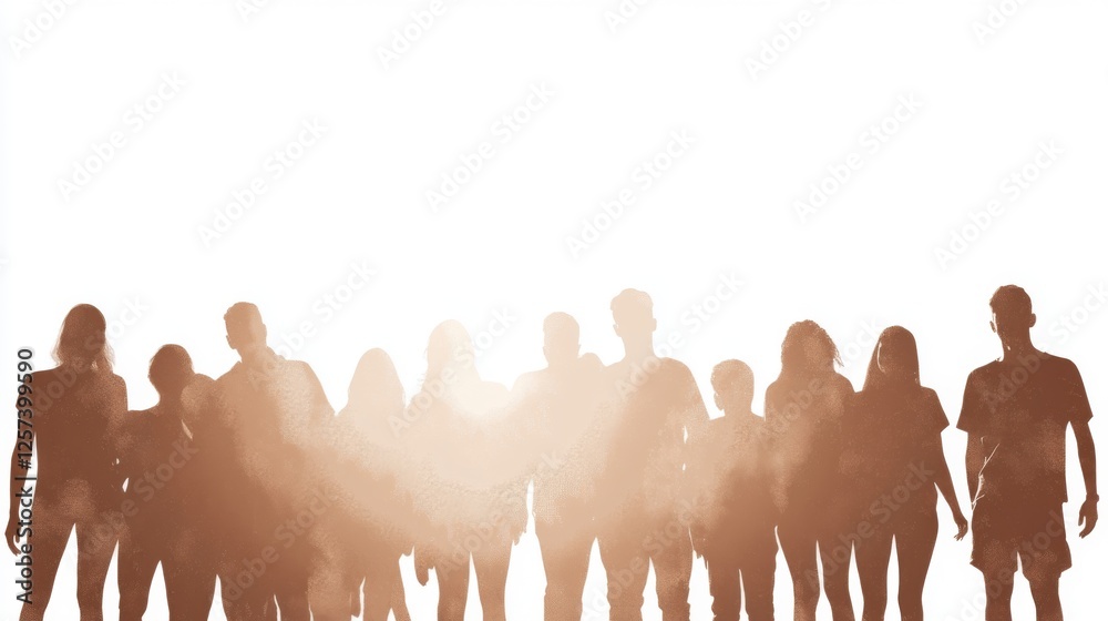 Diverse crowd walking towards sunlight, hope concept Diverse crowd walking towards sunlight, hope concept
