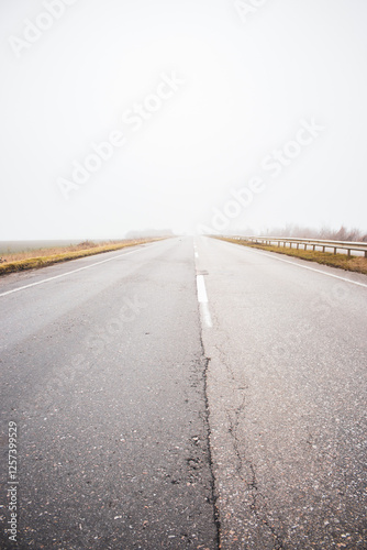 Obraz na płótnie Empty highway in the fog. Bad weather on the road. Road on foggy day in perspective with copy space. w salonie