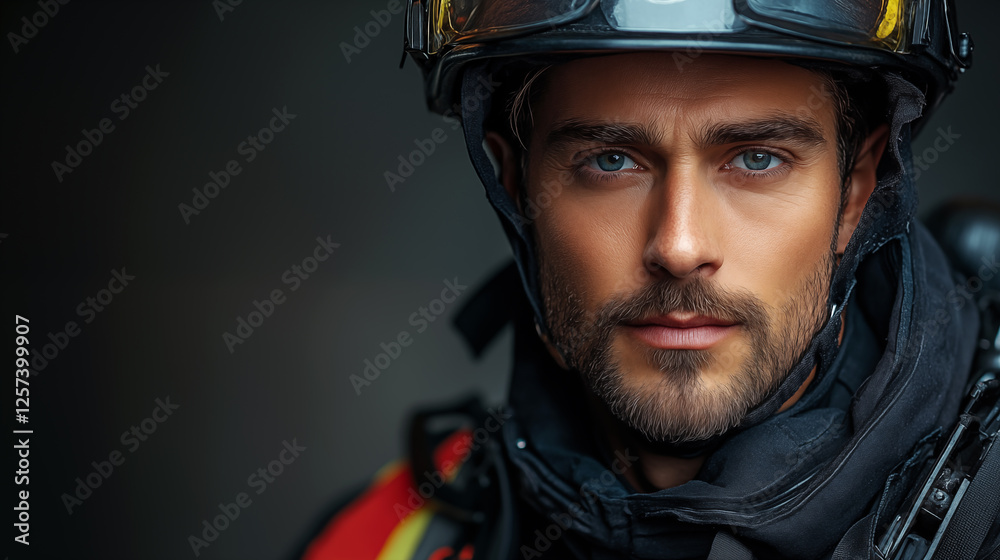 Portrait of a handsome fireman in a protective suit and helmet Portrait of a handsome fireman in a protective suit and helmet